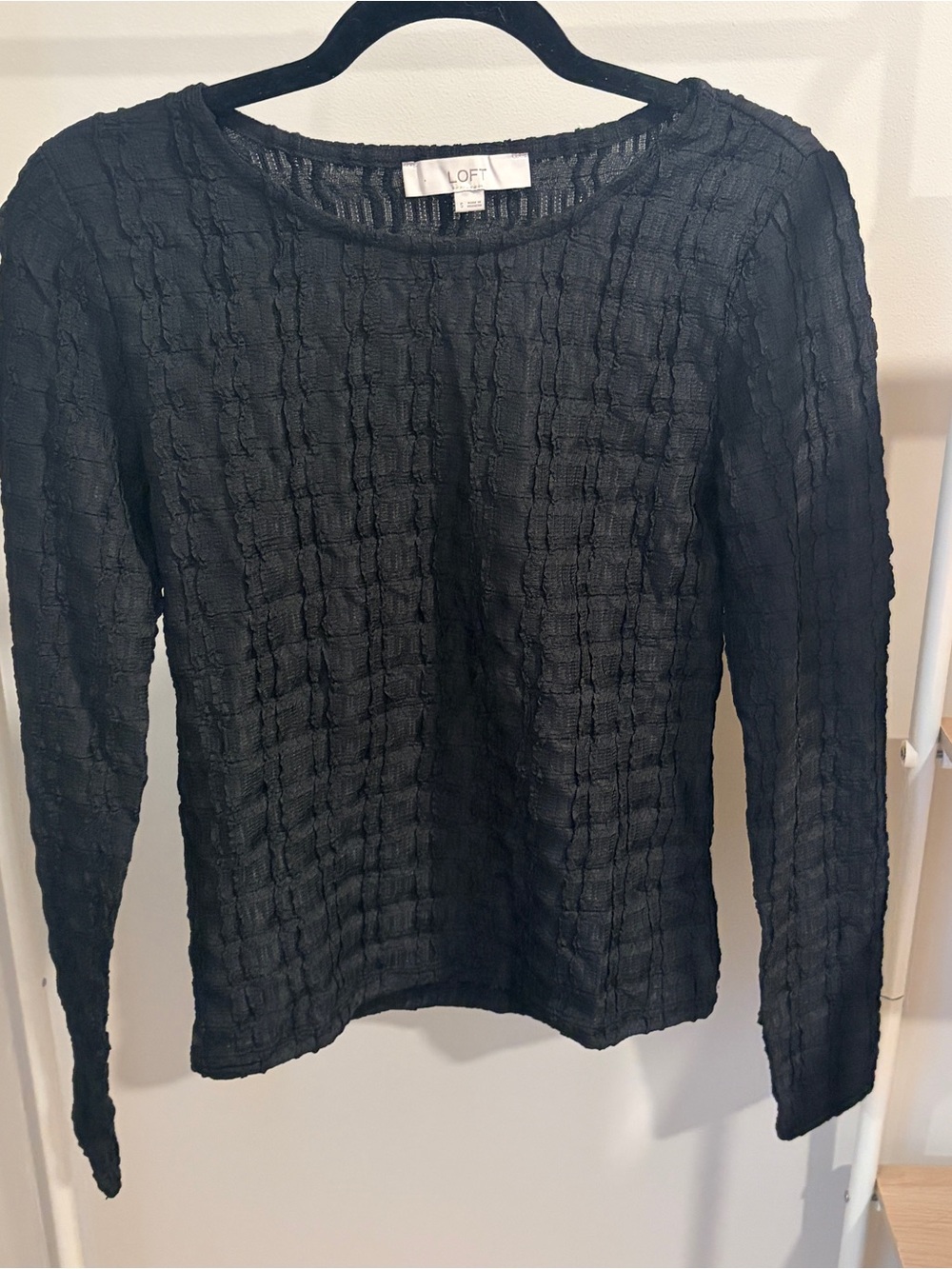 LOFT Black Textured Grid-Pattern Long Sleeve Top